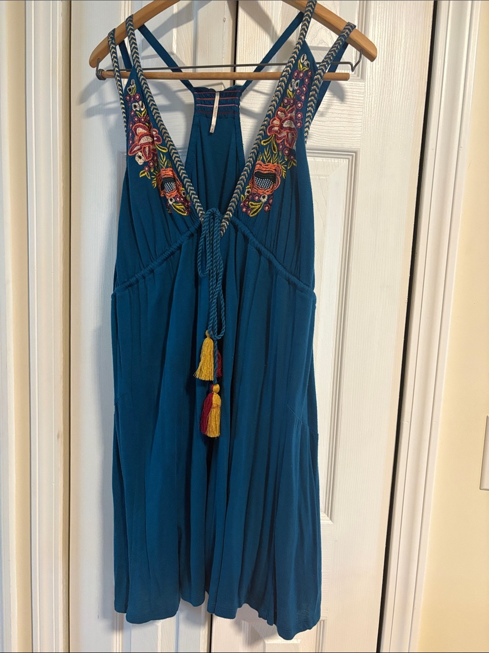 Free People Teal Embroidered Tassel Mini Dress